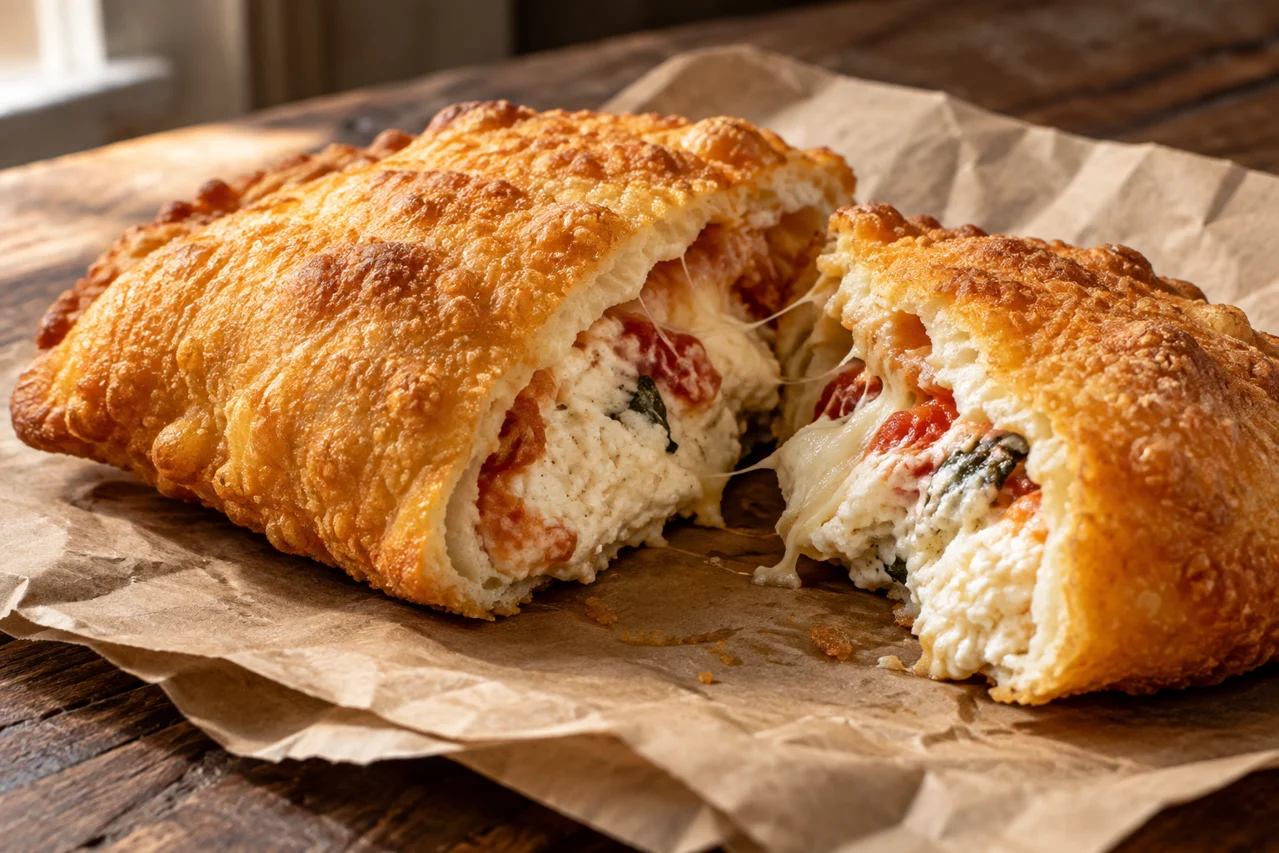 Stuffed fried pizza cut in half