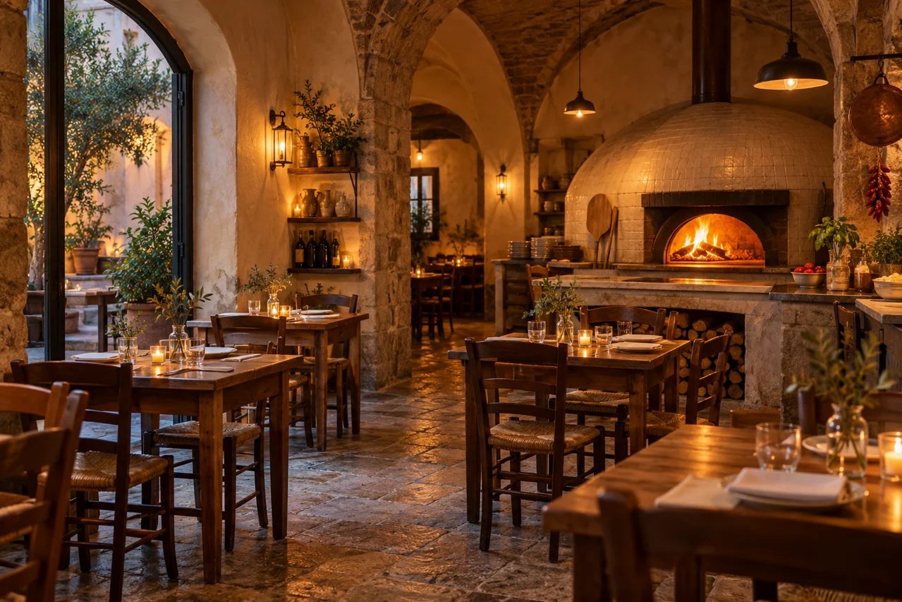 Pizzeria interior with a wood-fired oven, fictional scene